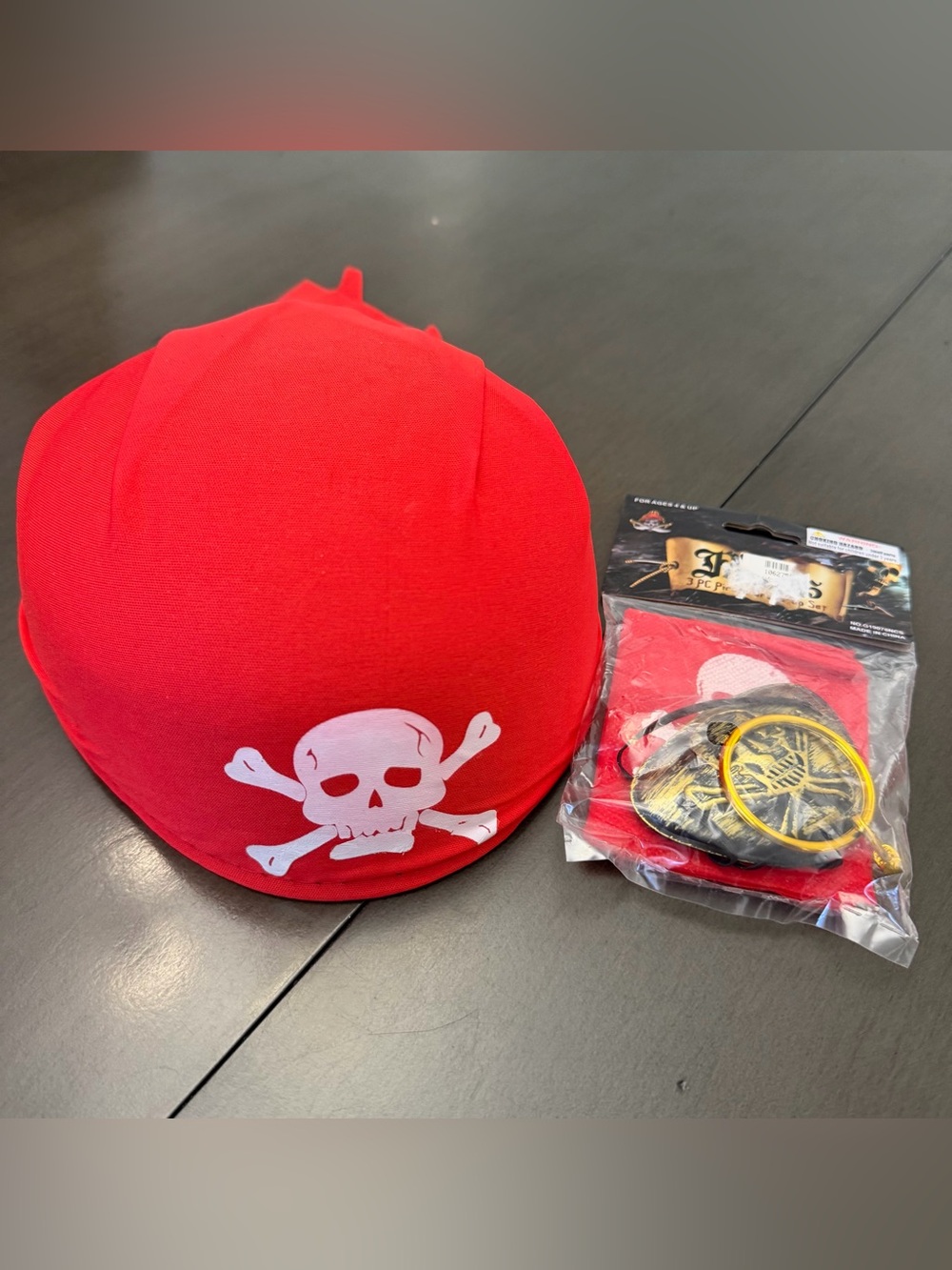 Adult’s Pirate Bandana Red Hat, Eye Patch, Earring, Bandana Skull Crossbones